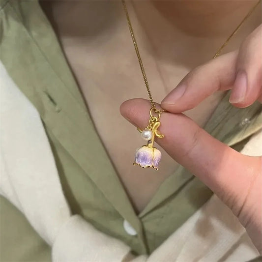 Purple Pink Rose Flower Necklace Charm Romantic Rose Flower Necklace Jewelry Personality Women's Valentine's Day Gift